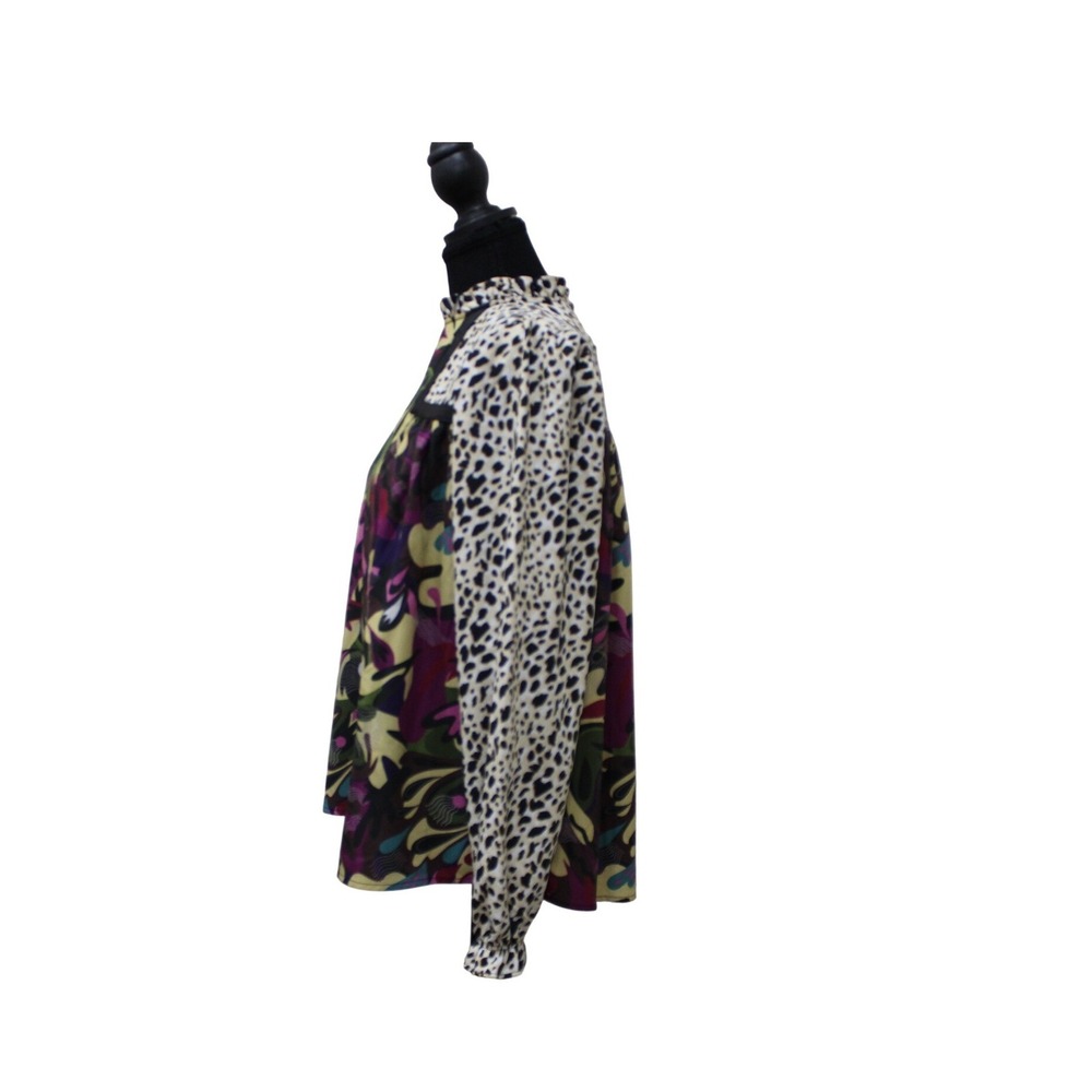 Bold Mixed Print Blouse Chic Floral & Leopard Statement Top Trendy Fit XS Ruffle - Picture 2 of 3
